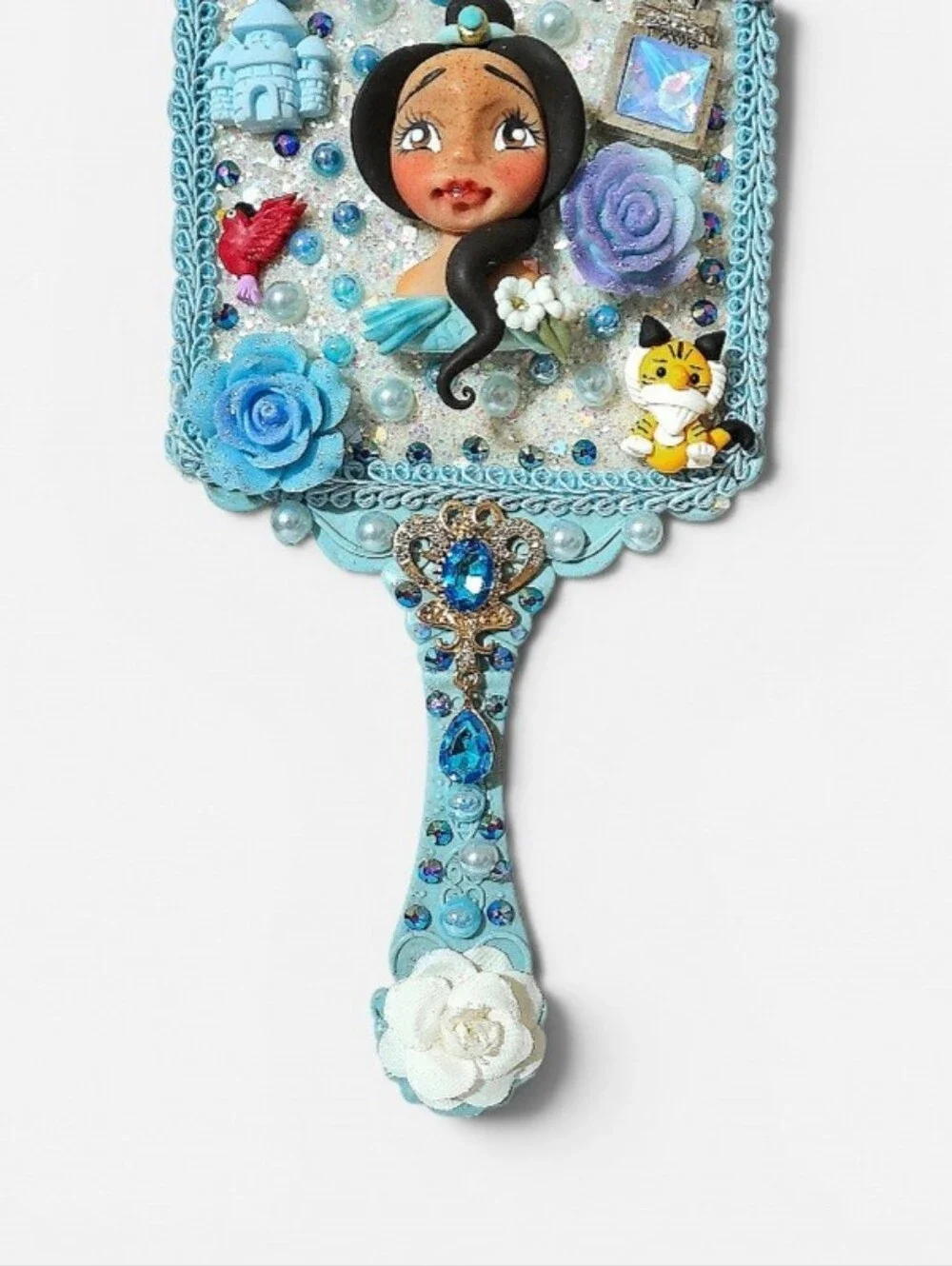Princess Jasmin Handheld Beauty Makeup Mirror Clay Doll Embellished Fashion Blue